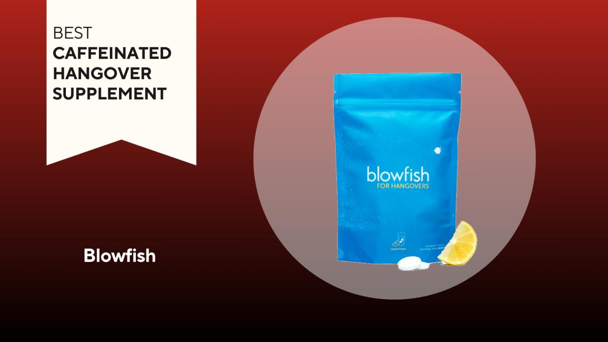 A royal blue bag of Blowfish hangover supplement against a red background